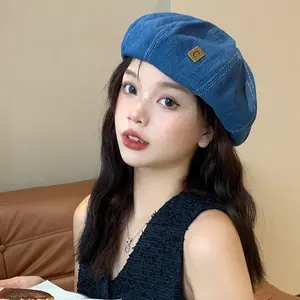 Spring new style letter C logo retro painter's octagonal hat, sweet student hat, niche versatile denim beret, outdoor accessory beret