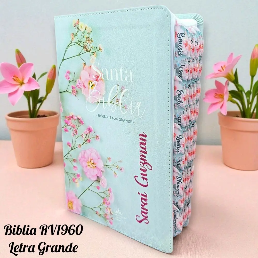 Deniashop Biblia Personalizada Verde Menta Floral Letra Grande de 12 Puntos Reina Valera 1960 Tamaño en Idioma Español