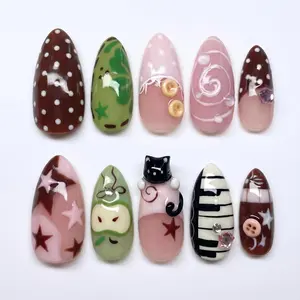 Quirky Mismatched Press on Nails with 3D Black Cat, Piano & Apple | 3D Fake Nails in Almond | Kawaii Handmade Nail Art for Everyday