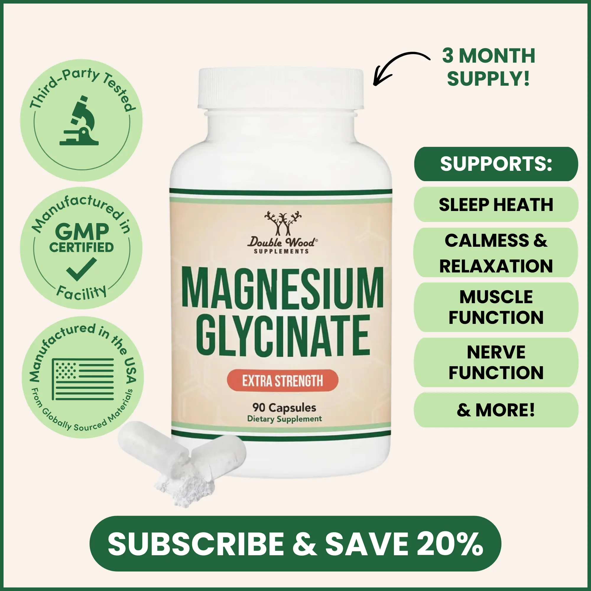 Magnesium Glycinate Extra Strength | Supports Sleep | Promotes Calmness & Relaxation | Double Wood Supplements