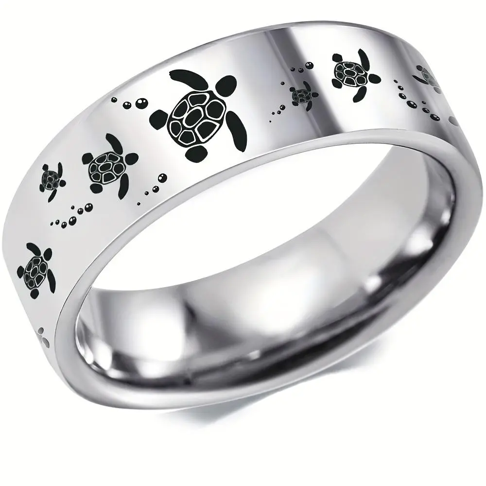 Sea Turtle 316L Stainless Steel Ring, Animal Tortoise Outdoor Hunting Scene Ring for Men's Wedding Anniversary Valentine's Day Father's Day Gift Silvery 8mm Ring