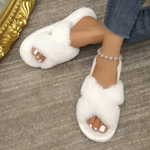 Women's Crossed Strap Fluffy Slippers, Soft And Warm Furry Home Shoes With Open Toe And Comfortable Outdoor Wear, Breathable