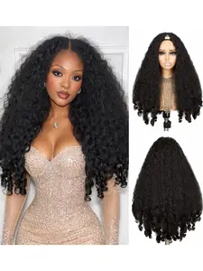 Love Yaki Curly V Part Wigs for Black Women Afro Curly V Part Synthetic Braided Hair 24 Inch Kinky Curly Clip in Half Wig with Bouncy Curls