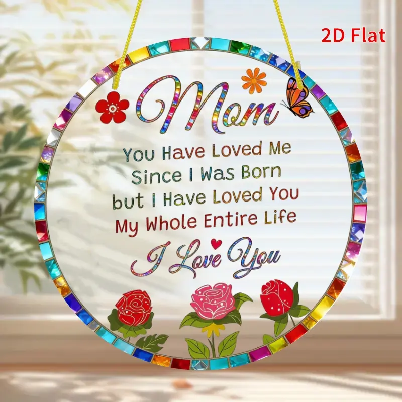 1pc Glam Acrylic Hangable Suncatcher - 8x8 in Round Iron-Accented "I Love You Mom" Plaque, Mother Gift with Decoration Effects for Home Balcony Bathroom Hanging Decor