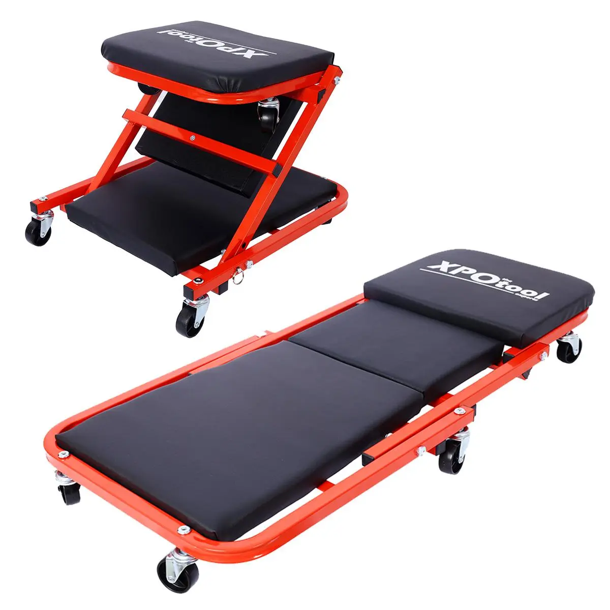 36 in Foldable Z Garage Creeper - 300 lbs Load Capacity, 6-Bearing Casters, Easy Roll, Firm & Supportive Folding Chair Stool, Padded Seat, Steel Frame, Tool Tray, Creeper Mode for Garage Shop