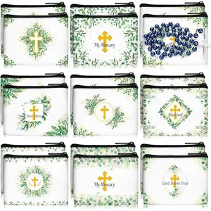 16 Pcs Rosary Pouches and Cases Catholic Bulk 3.5 x 2.4'' Rosary Bags Container Holder Small Beautiful Eucalyptus Leaves Canvas Zipper Catholic Prayer Beads Cases Gifts for Prayer (Cross)