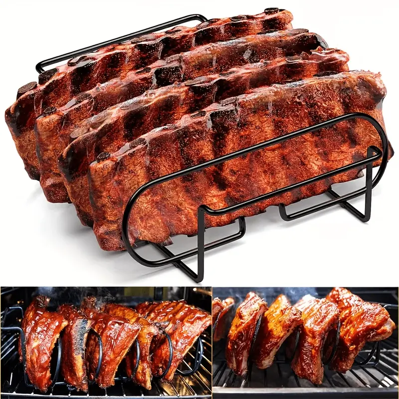 1pc Heavy-Duty Stainless Steel Rib Rack, Holds 4 Racks of Ribs, Portable Grilling Tool, Bbq Tools for Outdoor BBQ, Smokers & Campfires, Ideal for Steak, Ribs, Chicken, Even Heat Distribution & Easy Assembly