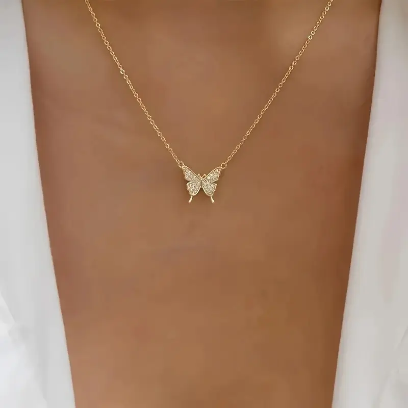 Elegant Rhinestone Butterfly Pendant Necklace Simple Thin Metal Chain Choker Necklace Women's Trendy Party Neck Jewelry