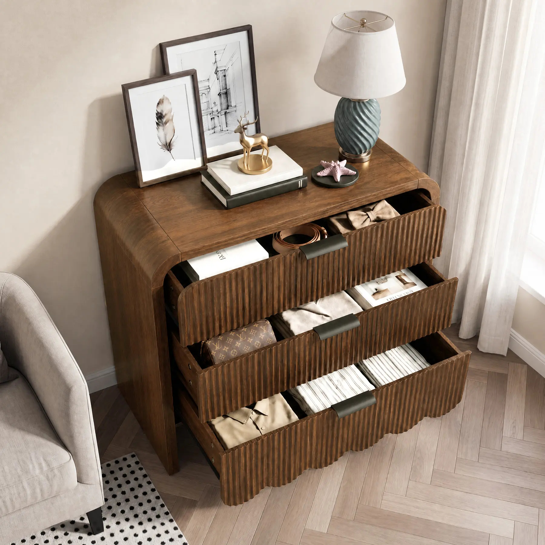 Oakault 31" Fluted 3 Drawer Dresser & Wood Nightstand for Bedroom, Wood Storage Dressers with Drawers, Round Corner Profile, Metal Handles, Small Wooden Closet Chest of Drawer for Bedroom, Nursery,Living Room,Office (Walnut), Bedroom Drawer Cabinet,