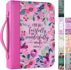 Leather Bible Covers Carrying Cases Holder Tote Bags with Bookmarks Handles For Christian Gift Bamboo Marker Organizer Notes