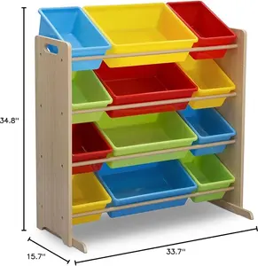 Kids Toy Storage Organizer with 12 Plastic Bins - Greenguard Gold Certified, Natural/Primary