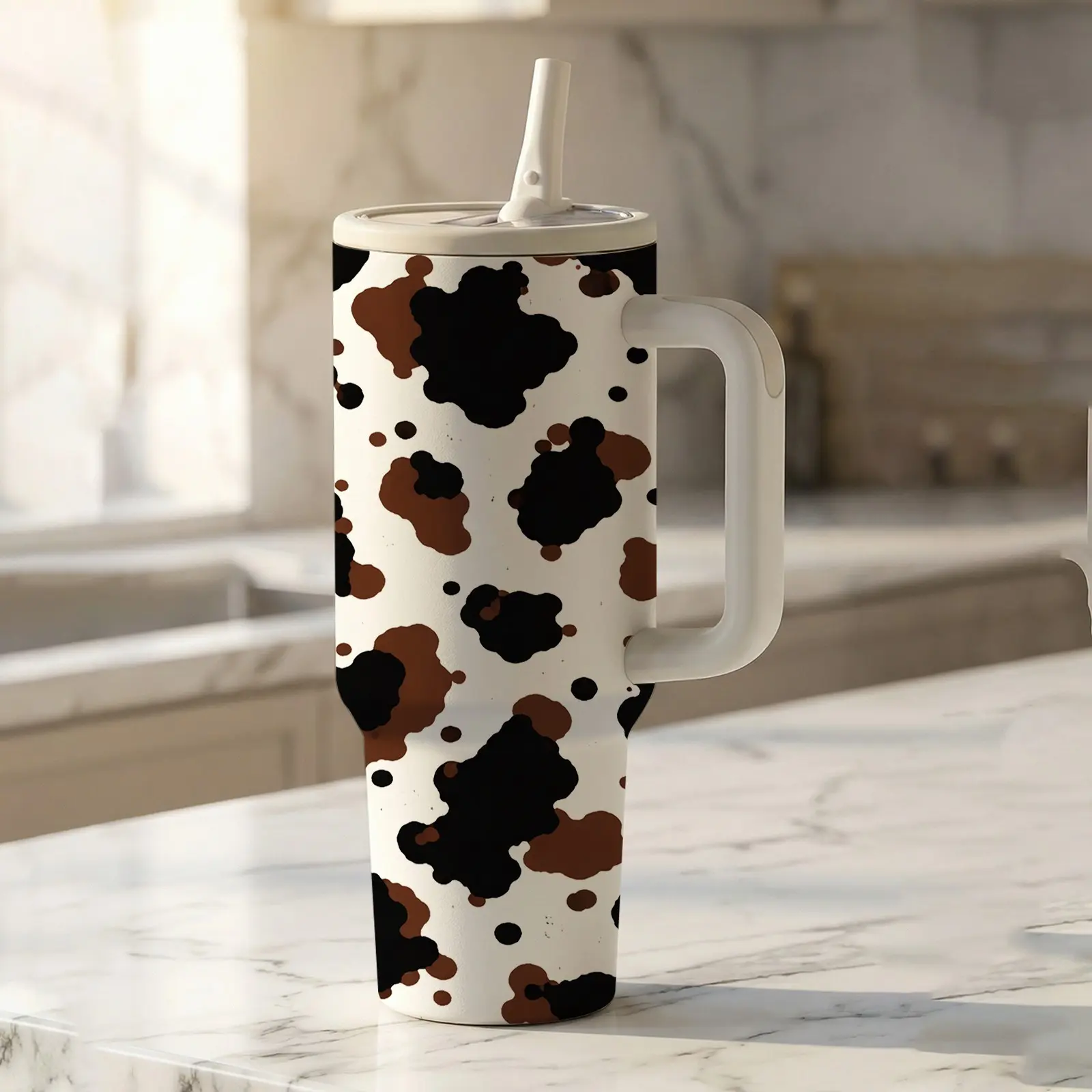 mikenda Cow Print 40oz Thermal Flask Tumbler with Lid, Handle & Straw, Western Style Insulated Cup, Trendy Cow Pattern Gift, Insulated Travel Tumbler