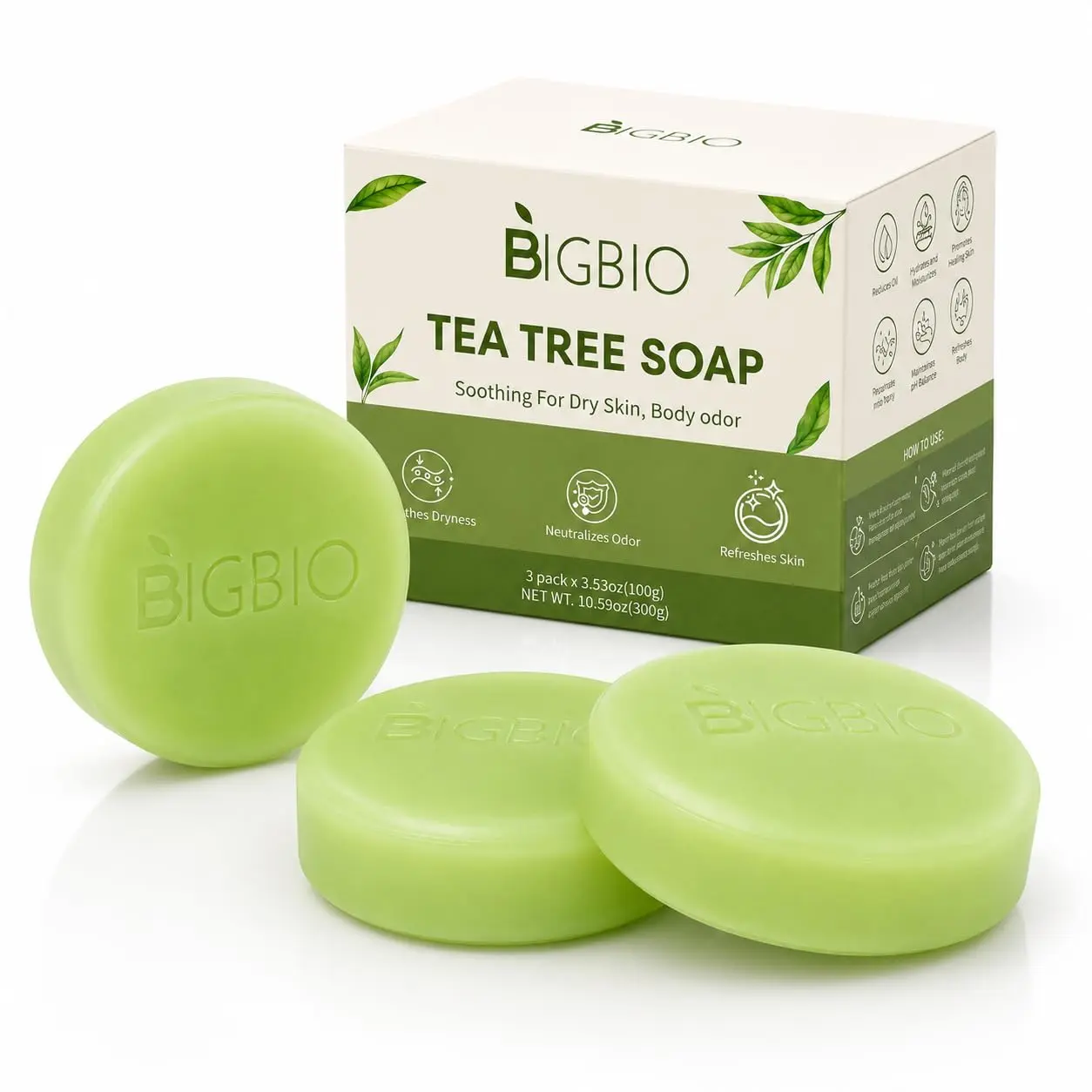 3 Pcs Tea Tree Oil Soap Bars - Natural Exfoliating Anti-Fungal Anti-Bacterial Bath Soap for Men, Odor Control (Strong Body/Old People Smell) & Face Body Care