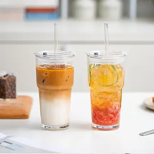 2 Set 20oz Large Capacity Glass Straw Cup with Lid, Leak-Proof Coffee Tea Drink Water Bottle, Thick Base Home Office Sports Use Drinkware