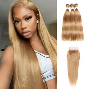 ijoy Honey Blonde Human Hair 3 Bundles with Lace Closure 4x4 Lace Free Part Human Hair Closure Straight Bundles,Human Hair Bundles,4*4 Human Hair Lace Closure