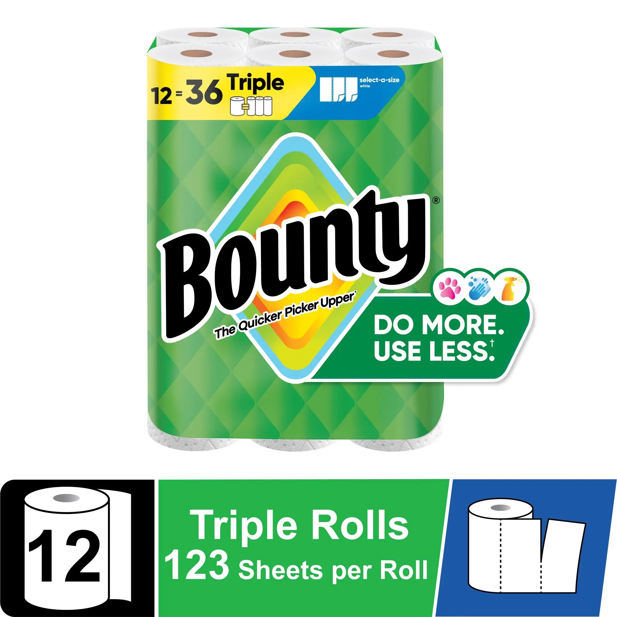 Bounty Select-A-Size White Kitchen Paper Towels, 12 Triple Rolls, 123 Sheets per Roll