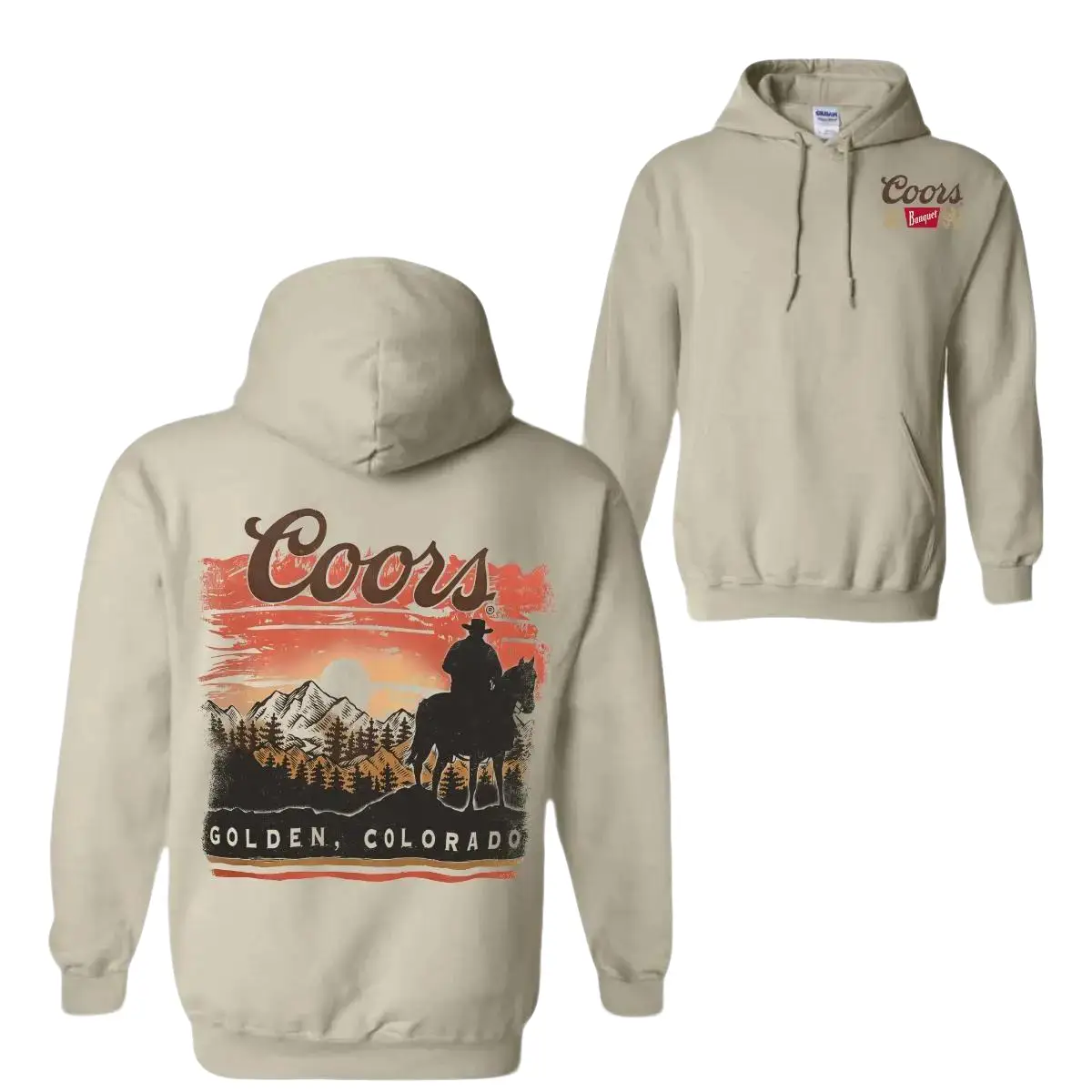 Coors Sunset in Golden Colorado Hoodie Sweatshirt T-Shirt, Vintage Scenic Graphic Apparel, Fabric Aesthetic Menswear Tops