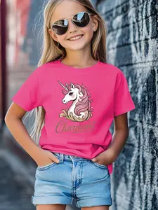Unicorn Charmant Print Short Sleeve T-Shirt, Cute Fitted Design, Suitable for Ages Under 12, Perfect for Kids' Wear, Graphic Printed Tee