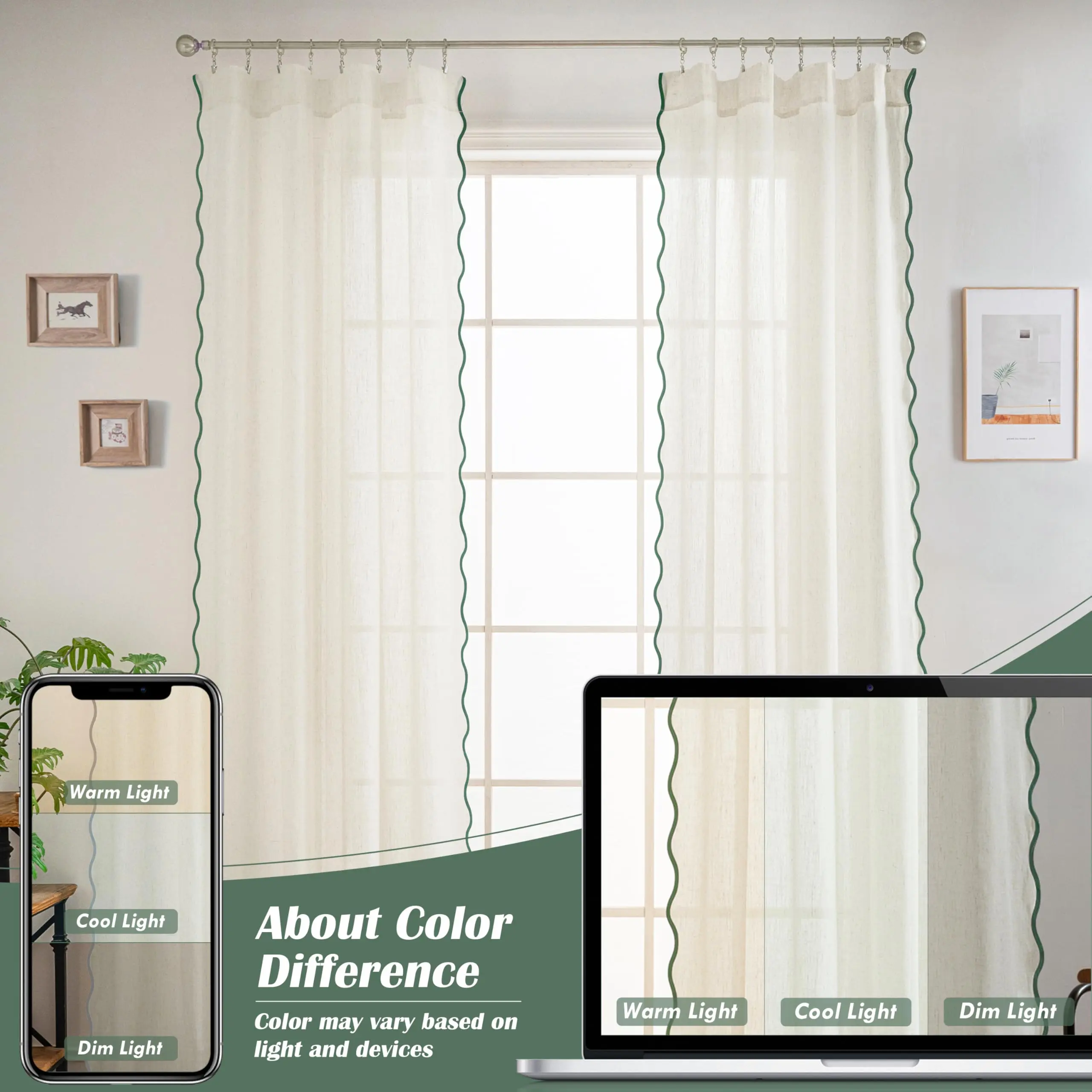 DriftAway Semi Sheer Scalloped Edge White Coastal Beach Window Curtains for Living Room Bedroom 2 Panels Rod Pocket