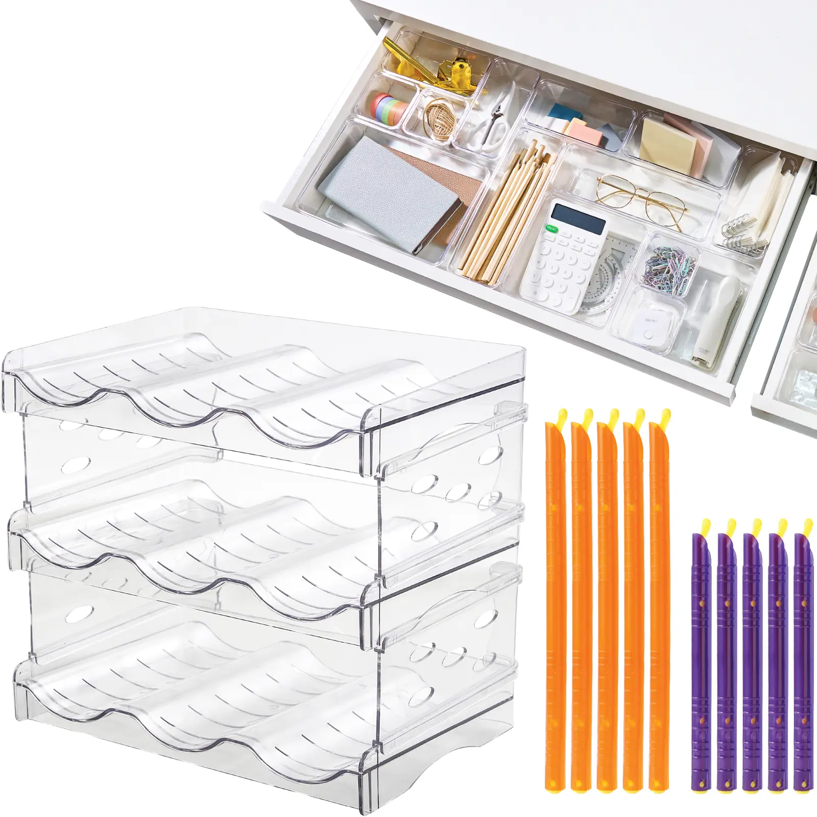 Trending Now Home Organization Bundle - 16-Piece Drawer Organizer Set, Stackable Bottle Organizer & Reusable Bag Sealer Storage Kit, Boxes