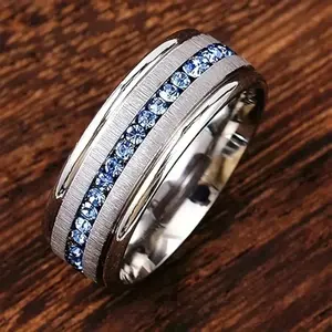 Fashion 8mm Men's Wedding Engagement Ring, Matte Surface Inlaid With 1 Blue Synthetic Stone, Gift For Boyfriend
