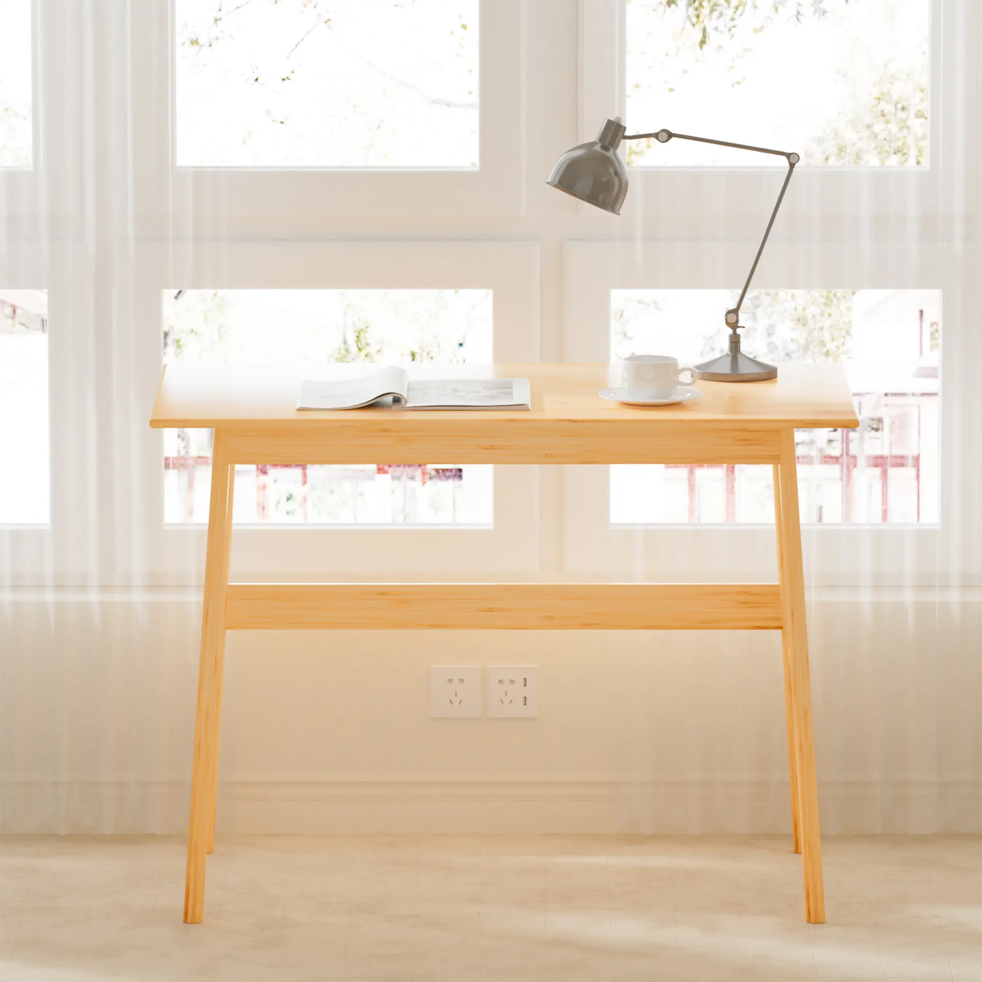 Bamboo Computer Desk with Open Storage, Z-Shape H-Legs, Light Natural Lacquered Finish, 41.33" x 21.65" Desktop, for Home Office, Bedroom, Gaming, Study