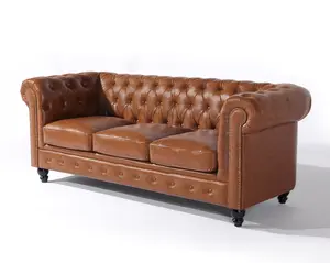 DISCONTINUED Sebstian Transitional Chesterfield Leather Sofa - Light Brown