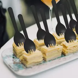 50/100/300/500pc black fork and spoon, perfect for desserts, ice cream, cakes, mousse, pudding, durian, fruit salad, etc., are the best choice for New Year, Valentine's Day, family gatherings, and outdoor camping