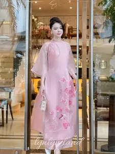 Pink Pre-made Vietnamese Women Modern Butterfly Embellishment Ao Dai Cach Tan Set with Pants for Lunar New Year Dress, Ao Dai Dinh Hoa