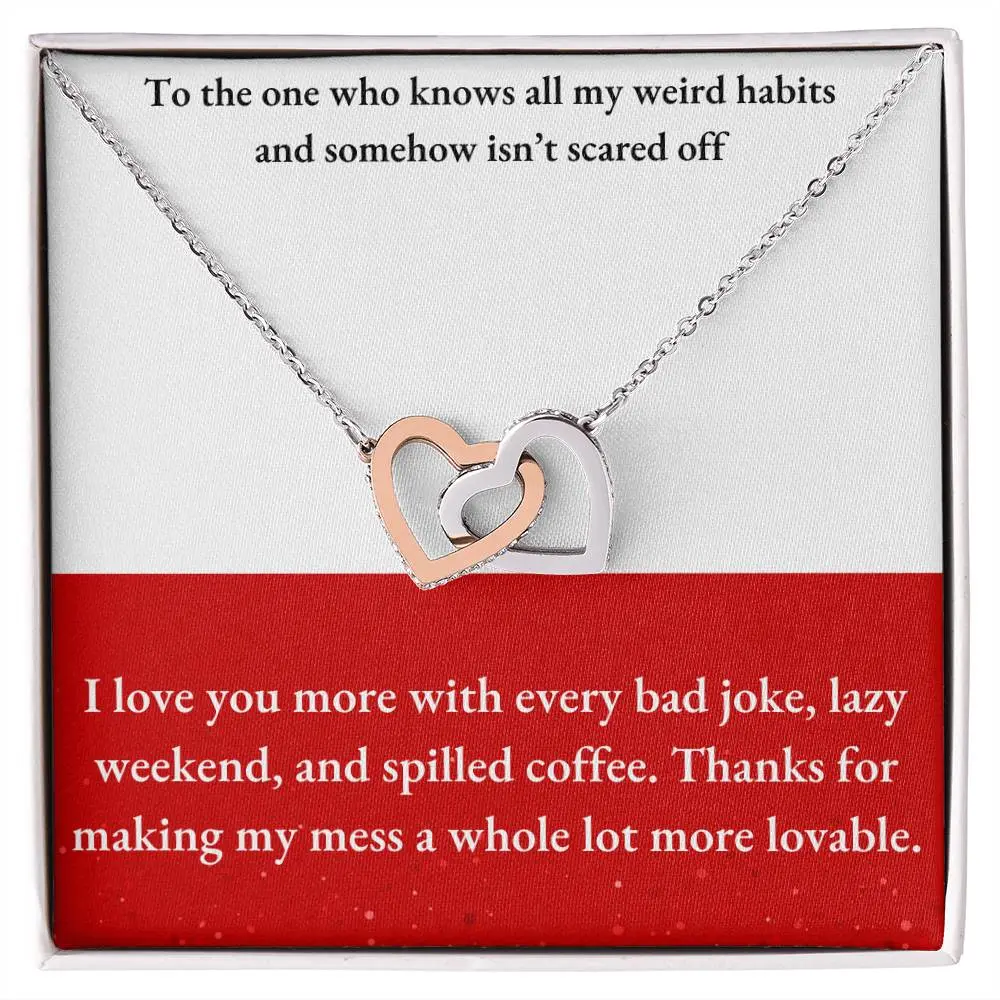Interlocking Hearts Necklace  with funny message card red and white