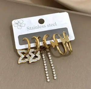 E240- Hoop Earrings for Women Gold Color, Butterfly, Zircons 3 Pairs!