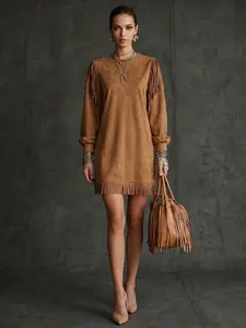 Women's Vintage Western Style Chic Bohemian Faux Suede Fringe Lantern Sleeve Long Sleeve Loose Mini Dress, 2026 Fashion, Casual Party Wear Womenswear