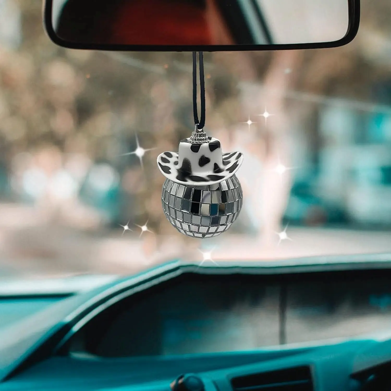 Cow Print Disco Ball Car Accessories Car Cowboy Hat Disco Ball Disco Ball Car Mirror Ornament Car Mirror Hanging Accessories Mini Disco Ball for Car Gift Idea