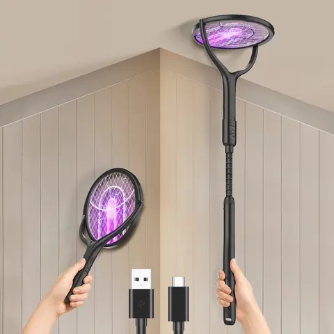 4000V Electric Fly Swatter Racket with Base and 17–27.4in Extension Rod, 1800mAh Smart Bug Zapper, Powerful Mosquitoes Trap Lamp & Fly Killer with 3-Layer Safety Mesh for Home, Bedroom, Kitchen, Patio
