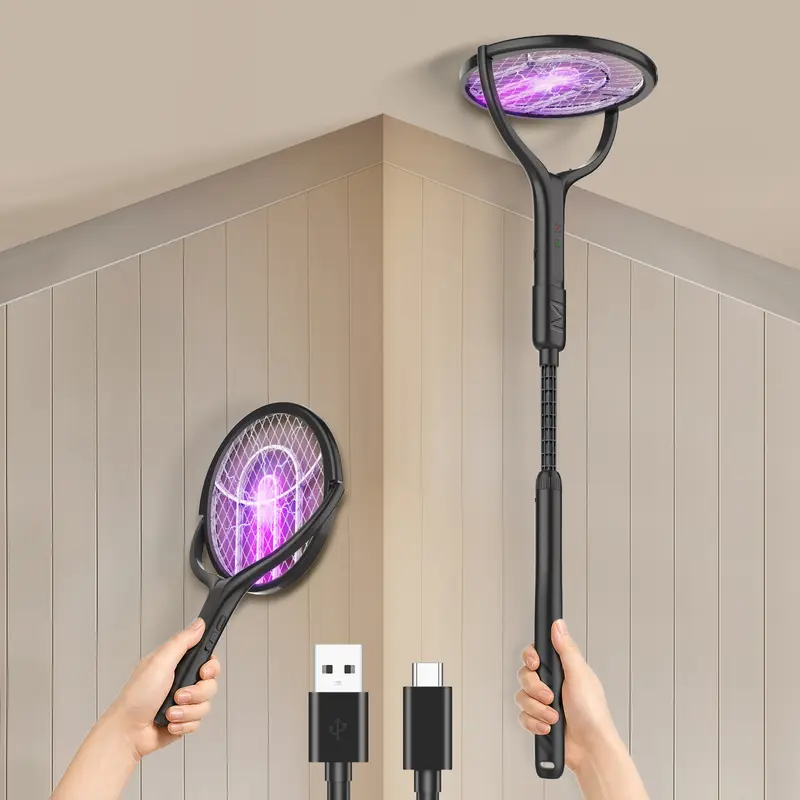 4000V Electric Fly Swatter Racket with  Base and 17–27.4in Extension Rod, 1800mAh Smart Bug Zapper, Powerful Mosquitoes Trap Lamp & Fly Killer with 3-Layer Safety Mesh for Home, Bedroom, Kitchen, Patio