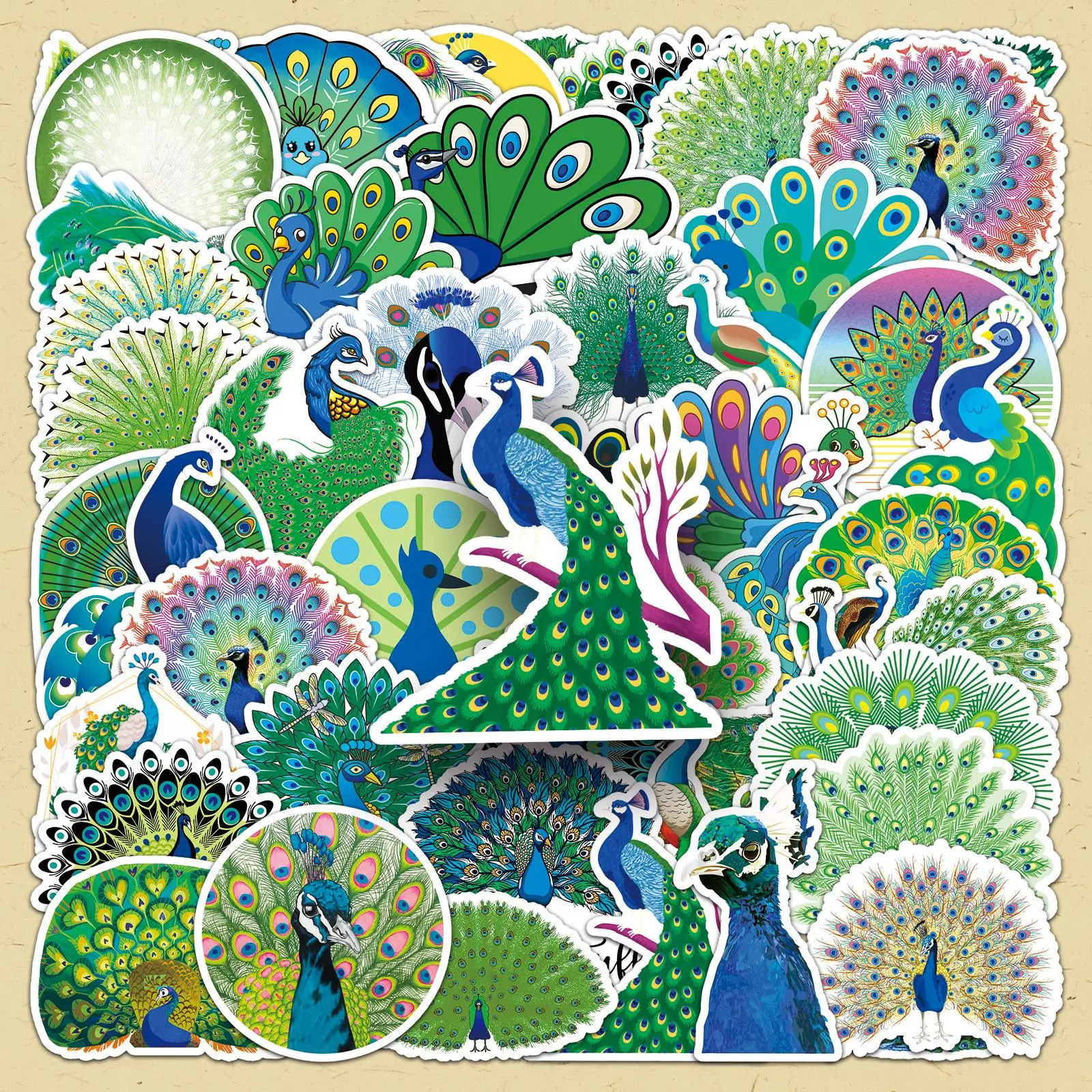 Peacock Pattern Sticker, 50pcs/set Waterproof Self Adhesive Decor Paper, Decor Sticker Packs for Gift Greeting Card & Water Bottle & Laptop & Phone