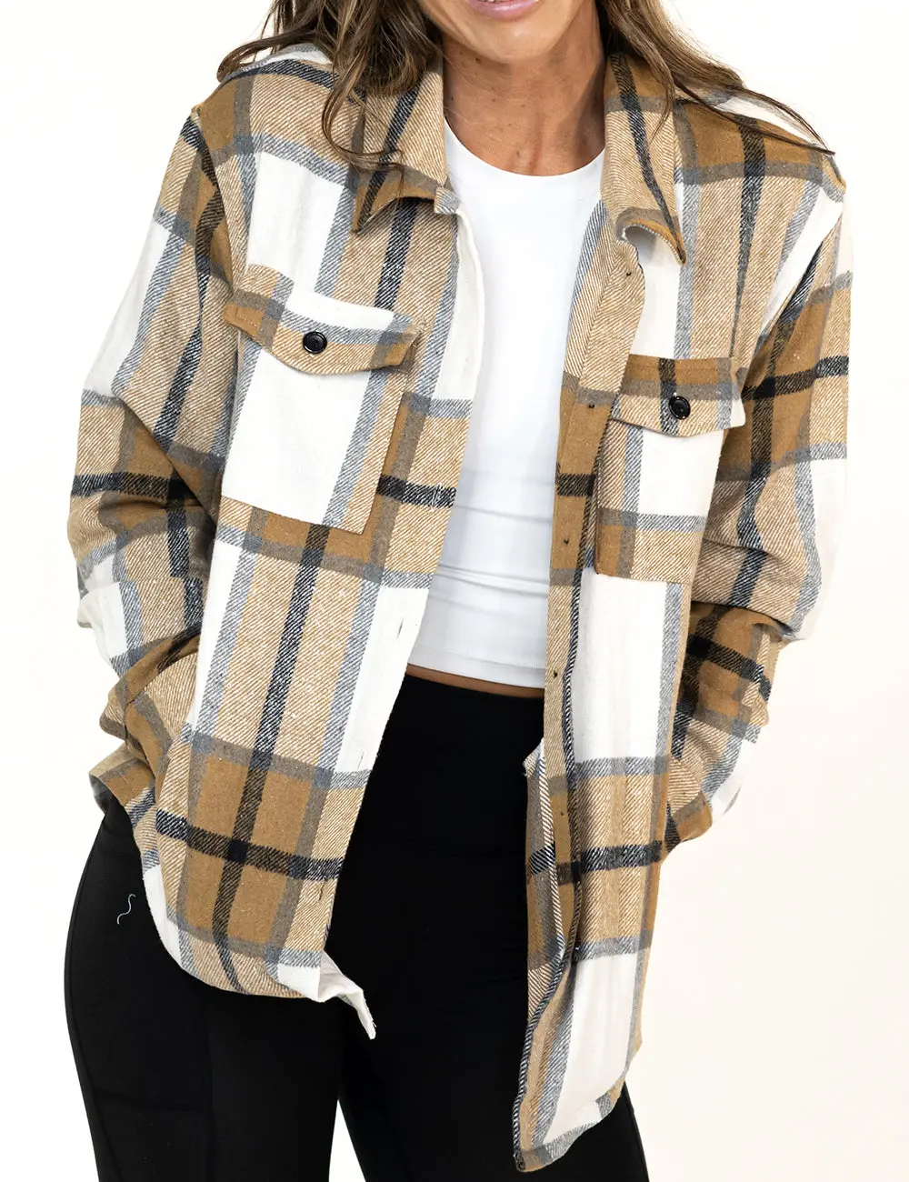 Khaki Shacket Casual Plaid Jacket with Button Front, Button Closure, and Chest Pockets for Comfortable Day Wear