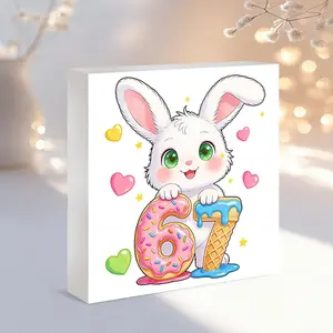 1 PC Easter Fun Square Pvc Ornament, Cute White Rabbit "6 7" Donut Pattern Desktop Plaque, Easter Gift For Relatives And Friends, Holiday Gift Birthday Gift, Suitable For Home Office Room Decoration, Holiday Party Decoration
