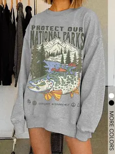Women's Light Gray Crewneck Long Sleeves Fitted Sweatshirt with National Parks Graphic Print, Soft  Eco-Conscious Top, Featuring "Protect Our National Parks" Slogan for Outdoor Enthusiasts, Womenswear