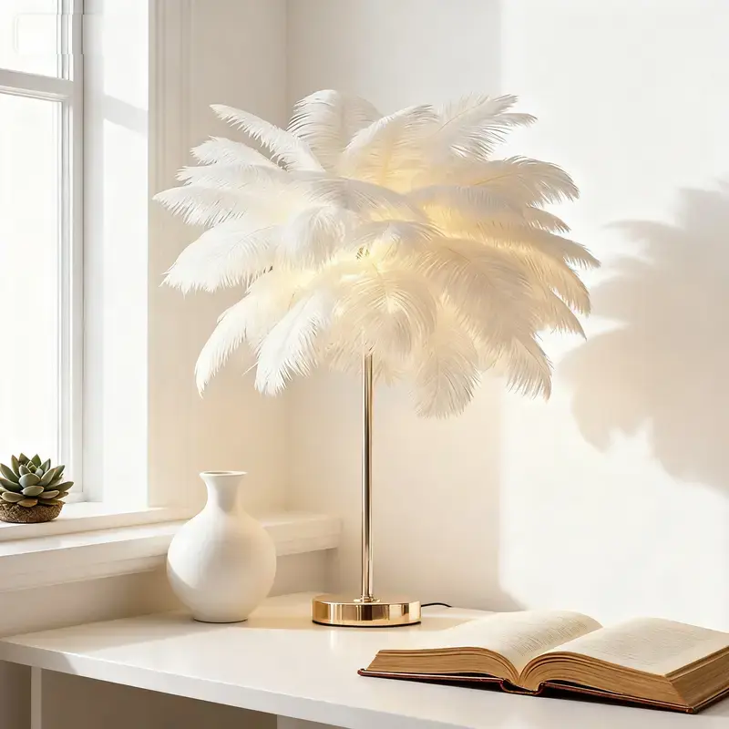 Fluffy White Feather Table Lamp - Furry Princess-Style Cozy Bedside Nightstand Light, Girls' Cute Gift, Decorative Feathers Lamps-Bases & Shades, Ambient Illuminated Lighting for Bedroom Home Improvement