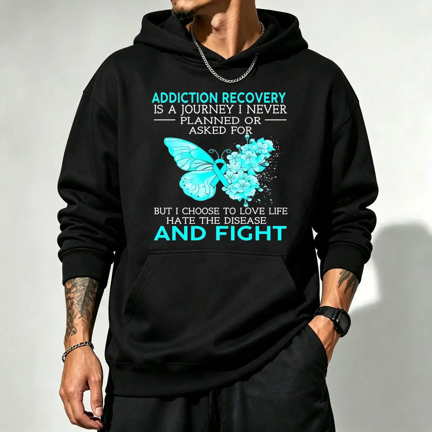 Men's Hoodies Addiction Recovery Inspirational Quote Black Turquoise Butterfly Sobriety Design Comfortable Pullover Kangaroo Pocket Blend Addiction Recovery Support Apparel Casual Game Day Wear Stylish Hoodie Sweatshirt