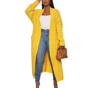 Women's Solid Color Textured Drop Shoulder Pocket Longline Cardigan, Casual Open Front Long Sleeve Knitwear for Fall & Winter fall sweaters Knitting