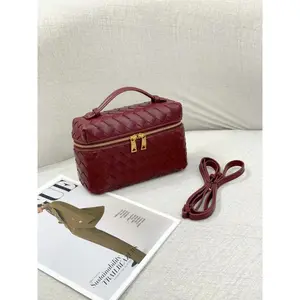 Burgundy Woven Leather Makeup Bag Cosmetic Bag | Luxury Hand-Woven Crossbody Bag with Top Handle & Detachable Strap