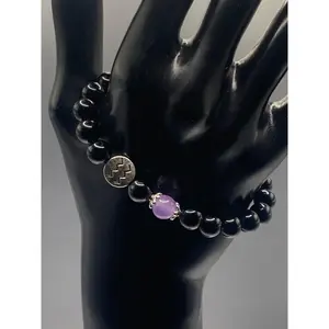 Aquarius Zodiac black obsidian with lavender agate semi precious stone/crystal elastic beaded bracelet with silver accents