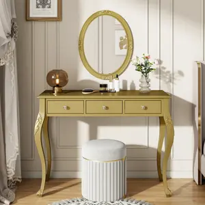 Luxury Makeup Vanity Desk with Oval Mirror, 3-Drawer Dressing Table for Jewelry Storage, Elegant Console Table for Entryway, Living Room & Bedroom, Stylish Home Decor,Gold