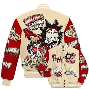 Riick And Mortyy Wubba Lubba Dub Dub Varsity Jacket, Trippy Cartoon Graphic Outerwear For Men Women, Psychedelic Art Print, Warm Winter Bomber Coat