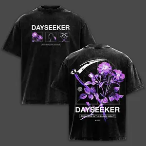 Dayseeker Scythe Double Printed Washed Tee & Hoodie, Unisex Heavyweight Cotton T-shirt, Band Graphic Tee for Alt Music Fans, Oversized Vintage Casual Comfort Fit Top, Soft Crewneck Menswear Apparel Merch S78