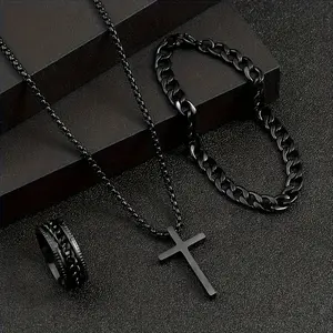 Fashion 3 count/set men's fashion alloy cross pendant necklace + bracelet + ring set