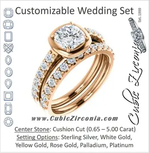 CZ Wedding Set, featuring The Lynette engagement ring (Customizable Cathedral-style Bezel-set Cushion Cut 13-stone Design with Round Band Accents)