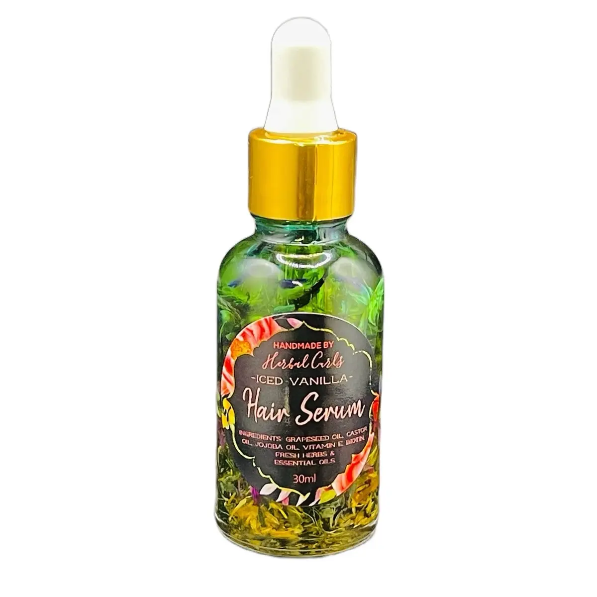 Herbal Curls Iced Vanilla Hair Serum - Nourishing & Shine Oil Blend with Castor & Golden Jojoba Oils for All Curl Types (30ml) Daily Lightweight Peppermint Haircare